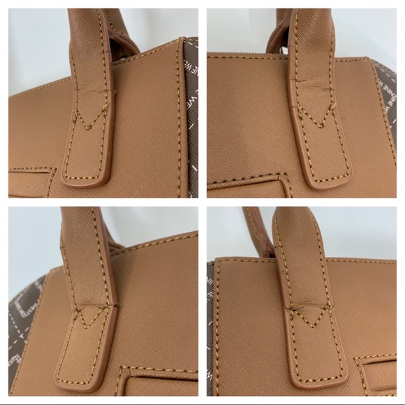 Nine West Brown Camel Tan All Over Geometric Pattern Contrast Satchel Purse - Picture 7 of 16